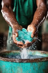 Fototapeta premium Hands Holding Colorful Laundry Detergent Granules Overwater in a Rustic Setting
