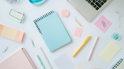 Workspace Essentials: A neatly arranged assortment of office supplies, including a laptop, notebooks, and stationery, creating a clean and organized workspace