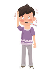 Vector illustration of a boy with a thermometer in his mouth, indicating a fever.