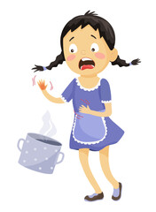 Vector illustration of a girl with a burn on her hand, crying in pain.