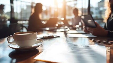 Coffee Break Meeting: A serene moment during a business meeting, a cup of coffee and documents are in the foreground as the blurred figures of colleagues confer in the background.