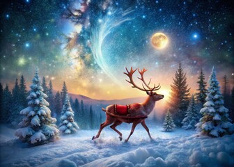 Surreal Christmas Reindeer Sleigh Flight: Magical Winter Wonderland Scene
