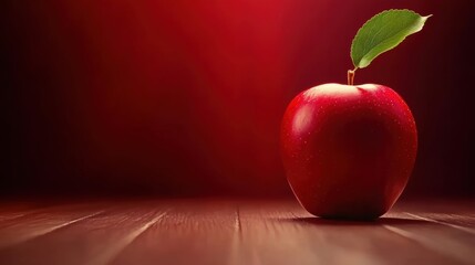 A vibrant red apple with a leaf rests on a wooden surface against a soft red gradient background, perfect for topics on health, nutrition, or seasonal promotions