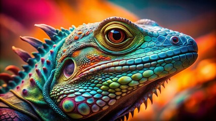 Fototapeta premium Surreal Close-up of a Lizard, Vibrant Colors, Abstract Background, Conceptual Photography