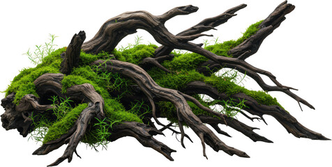 Fototapeta premium Lush Green Moss Covering Intricate Driftwood Branches for Aquarium or Terrarium Decor