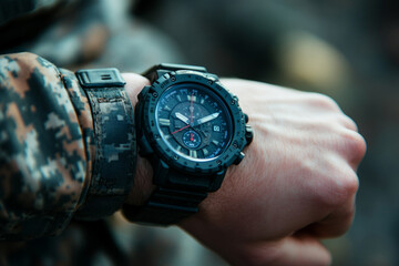 Close-up of a soldier's hand wearing a tactical wristwatch, showcasing the rugged design and functionality suitable for demanding environments