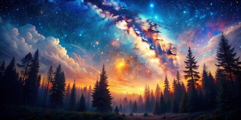 Fototapeta premium Surreal Double Exposure Landscape Wallpaper: Mystical Forest Meets Starry Night