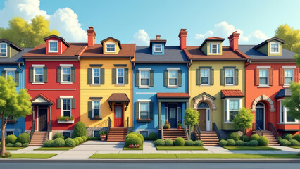 Fototapeta premium Colorful row houses with vibrant facades and lush greenery create cheerful neighborhood scene