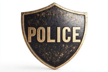 Golden police badge on a black shield representing security, order, and law enforcement