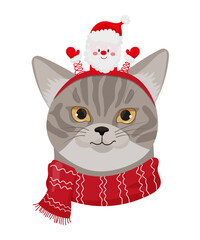 Vector illustration of a tabby cat wearing a Santa headband and red scarf.