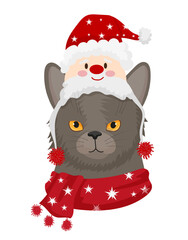 Vector illustration of a gray cat with a Santa figure on its head and a scarf.
