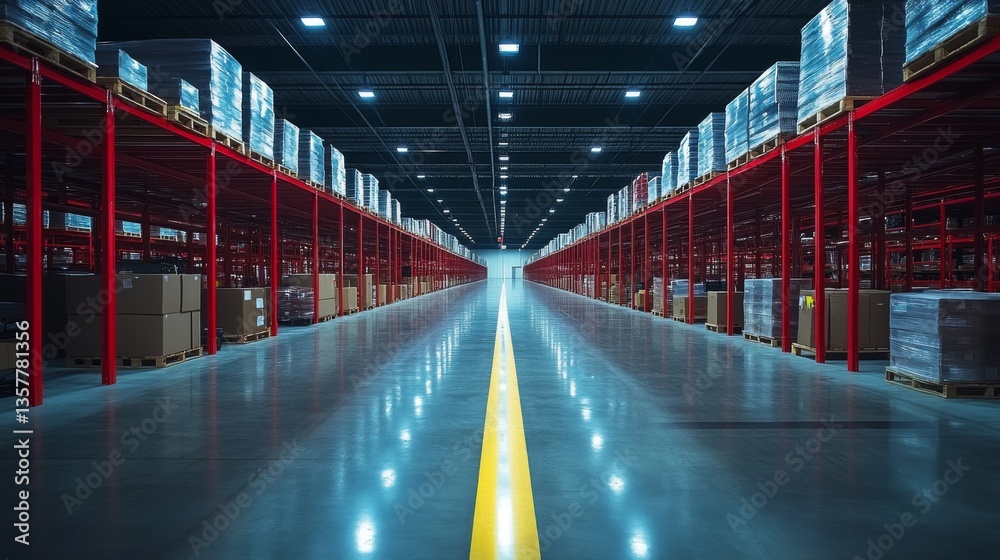 Aufkleber wide perspective of a warehouse with neatly stacked pallets of goods along both sides, highlighting 