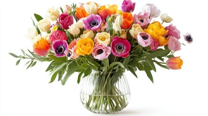 Obraz premium Vibrant Spring Bouquet: A delightful arrangement of colorful tulips, ranunculus, and anemones in a clear glass vase.