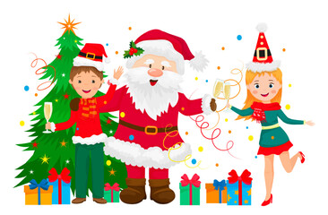 Vector illustration of Santa Claus and an elf dancing around a Christmas tree.