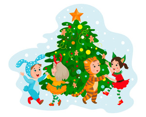 Vector illustration of children decorating a Christmas tree with ornaments.