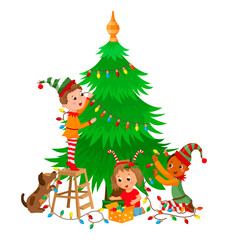 Vector illustration of elves decorating a large Christmas tree with ornaments.