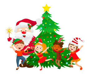 Vector illustration of Santa Claus with children and a decorated Christmas tree.
