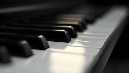 Close-up shot of piano keys, focusing on the texture and lighting, black and white keys, soft diffused lighting