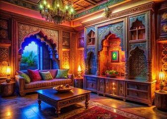 Obraz premium Surreal Indian Living Room TV Cabinet Design: Floating Furniture & Dreamlike Decor