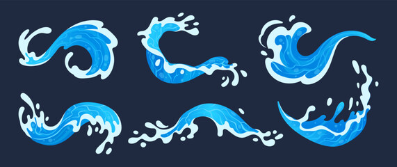 Water splashes. Aqua liquid drops, blue transparent water splashes, blue flows and waves flat vector illustration set. Clean water splash collection