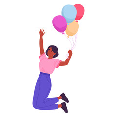 Woman floating with colorful helium balloons. Girl jumping with air balloons in hands flat vector illustration. Cartoon happy female character jumping with balloons