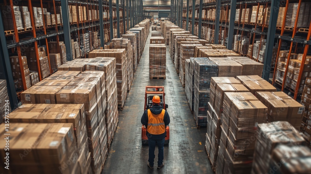 Fototapete a warehouse employee in a safety vest operates a forklift amidst tall stacks of boxes, focused on so