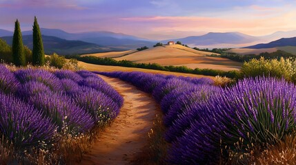 Serene Lavender Fields Pathway Leading to Farmhouse in Tuscany at Sunset