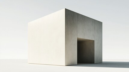 Minimalist cube shaped building with smooth textures and shadow gradients on a white background