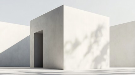 Minimalist cube shaped building with smooth textures and shadow gradients on a white background