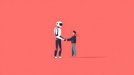 Human and Robot Partnership: A symbolic illustration depicts a handshake between a human and a robot, set against a solid background, symbolizing collaboration and technological advancement.