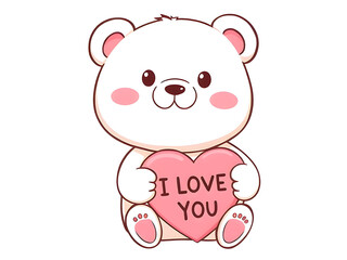 Cute Kawaii White Teddy Bear Holding Heart with I Love You Message