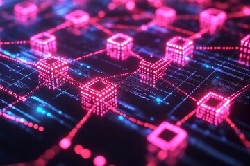 Fototapeta premium Digital network representation showcasing interconnected nodes with vibrant colors in a futuristic setting