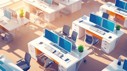 Obraz premium Modern Office Workspace: Sunlit Desks and Computers