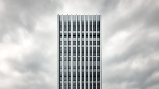 Minimalist office tower with straight lines and symmetrical window patterns against a cloudy sky