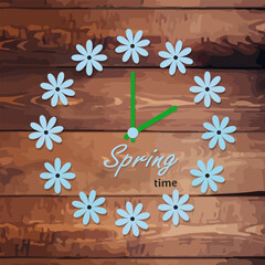Spring clock, banner. The dial is made in the form of a wood texture. The numbers are replaced with colors. Abstract time, natural clock. The beginning of the season, daylight saving time, sale time.