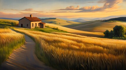 Obraz premium Picturesque Rural House on Golden Wheat Field at Sunset Stunning Landscape