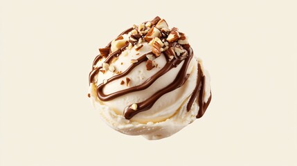 A luxurious scoop of hazelnut gelato, topped with a drizzle of chocolate and crushed roasted hazelnuts, isolated on a neutral beige background