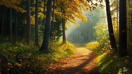 Naklejka premium Serene Autumn Forest Path Sunlight Through Trees Fall Foliage Scenery
