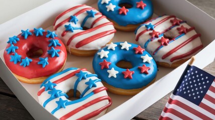 Obraz premium Festive donuts decorated in red, white, and blue for patriotic celebrations on a wooden table