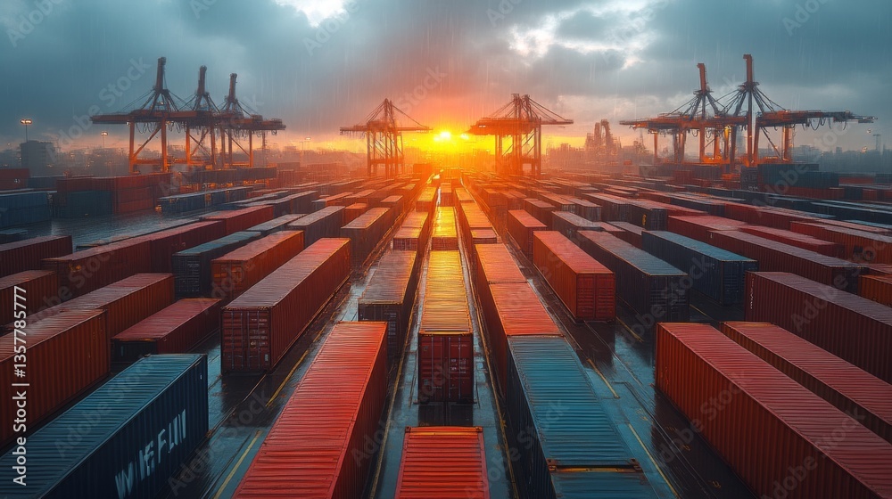 Poster cargo containers are arranged in neat rows at a bustling logistics hub, with cranes working against 