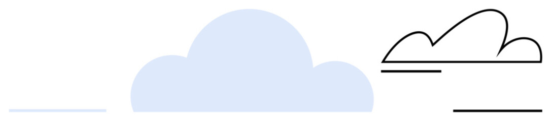 Two cloud designs, one solid and one outlined, with linear accents suggesting movement. Ideal for weather, communication, simplicity, nature, technology brainstorming imagination. Flat simple