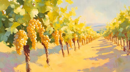 Sunlit Vineyard Rows with Ripe Yellow Grapes in Summer Harvest