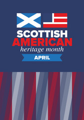 Obraz premium Scottish American Heritage Month. Scotland and United States flag. Scotland blue color. Happy holiday celebrate in April. Culture month. Patriotic design. Poster, card, banner, template. Vector art
