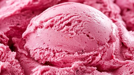 Close up of pink raspberry ice cream scoop with rich creamy texture and natural fruit swirls highlighting vibrant summer flavors and frozen dessert indulgence