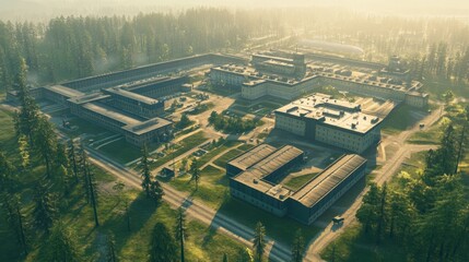 A military base headquarters with barracks, administrative offices, and an airfield