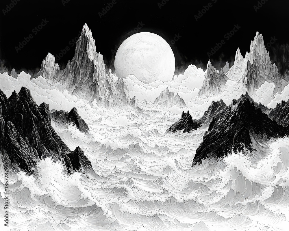 Canvas Prints black and white drawing of a mountain range with a large moon in the sky. scene is serene and peacef