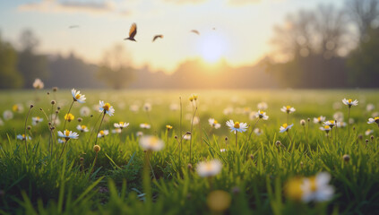 Fototapeta premium A meadow in early spring, with delicate wildflowers starting to bloom, dewdrops on the grass, and a soft sunrise in the background. Birds are beginning to fly through the sky.