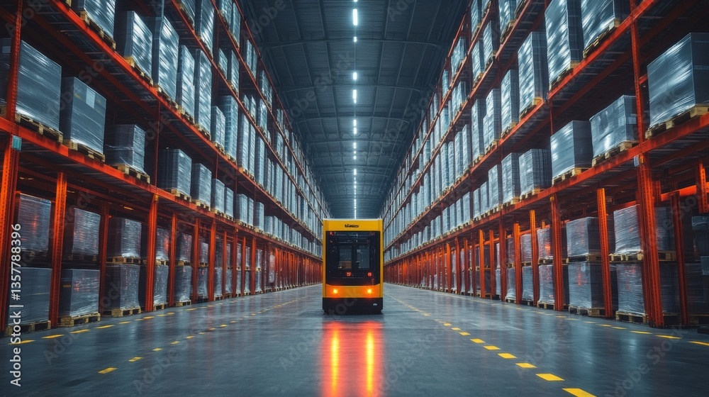 Fototapete Inside a well structured warehouse, a yellow automated vehicle navigates between high stacked pallets organized for efficient sorting and fulfillment while daylight illuminates the setting.