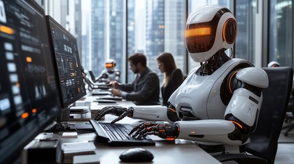A smart office with robots and humans working together on AI-driven business projects