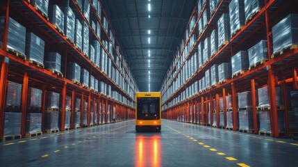 Inside a well structured warehouse, a yellow automated vehicle navigates between high stacked pallets organized for efficient sorting and fulfillment while daylight illuminates the setting.